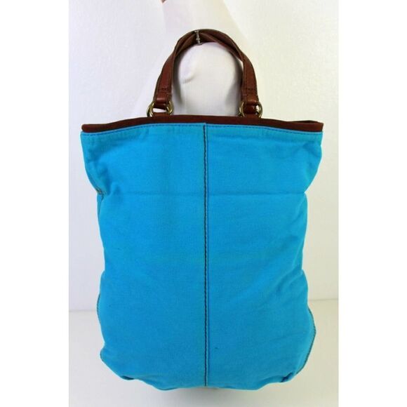 LUCKY BRAND BANDIT FOLDOVER BLUE COTTON BROWN LEATHER TOTE SHOULDER BAG HANDBAG - Picture 6 of 12